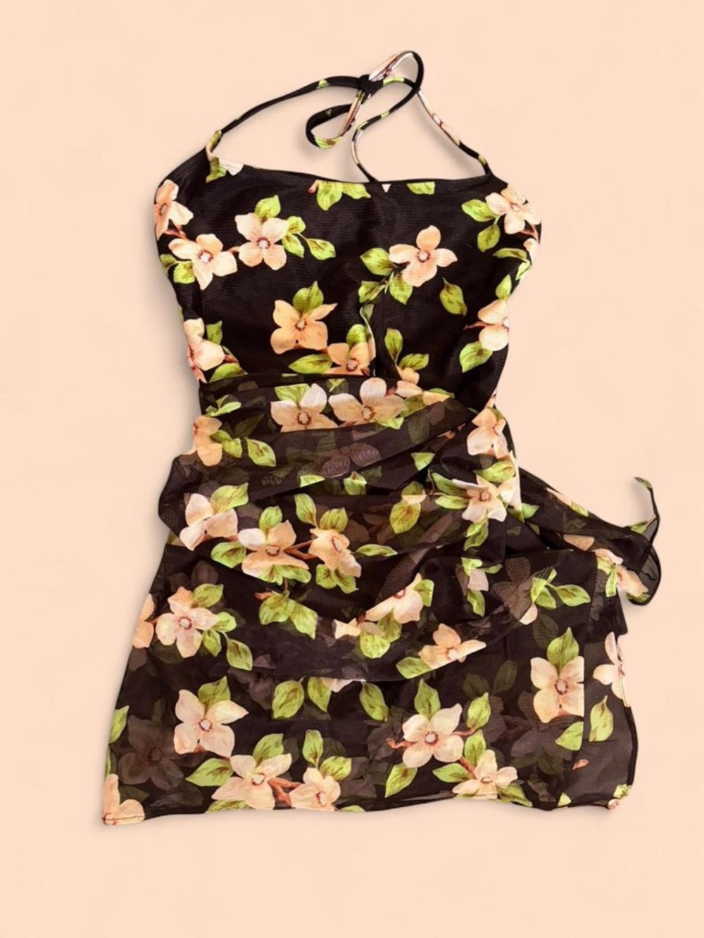 Floral Halter One-Piece Swimsuit with matching mesh cover up 🌺🌴🍹